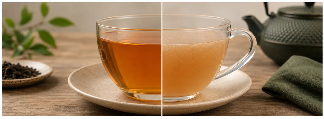 Tasse de thé montrant une infusion limpide à chaud et trouble après refroidissement