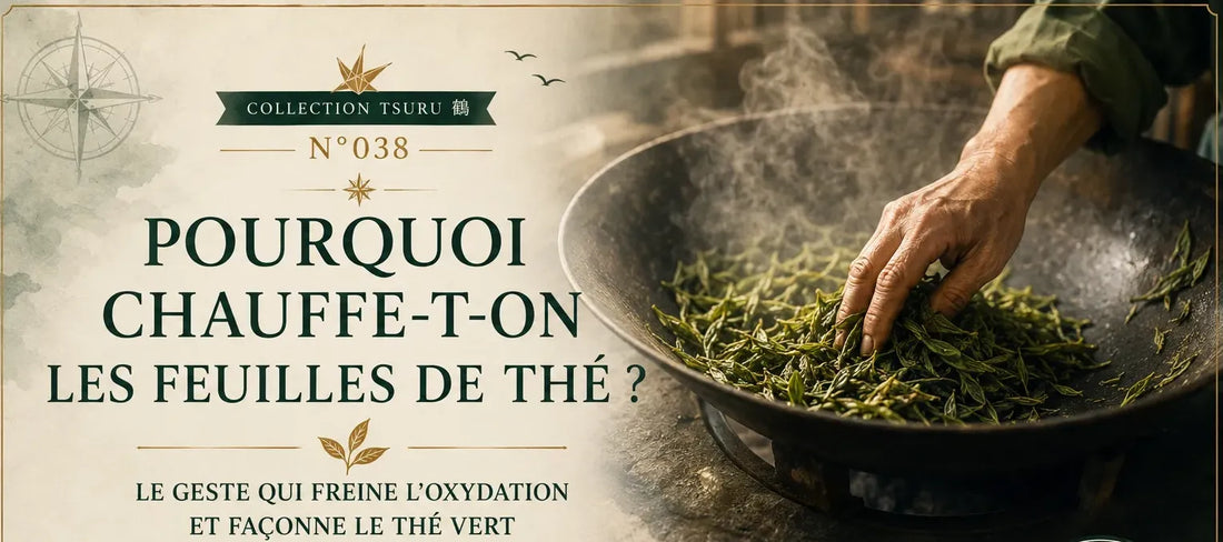 Bandeau Tsuru n°038 montrant des feuilles de thé vert chauffées dans une cuve, pour expliquer pourquoi la chaleur freine l’oxydation et façonne le thé vert.