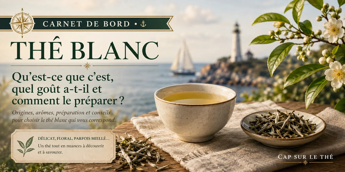 Bandeau Carnet de bord sur le thé blanc, avec tasse de thé clair, bourgeons de thé blanc et décor maritime, présentant son goût et sa préparation.