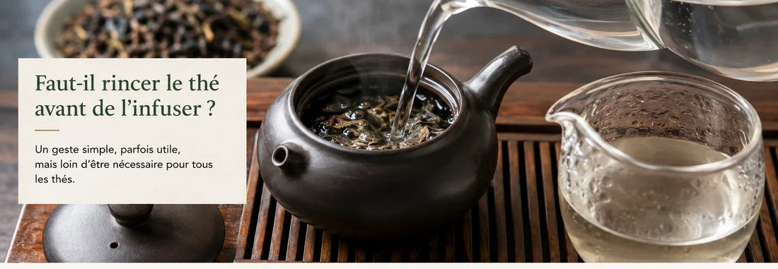 Eau chaude versée sur des feuilles de thé pour illustrer le rinçage avant infusion