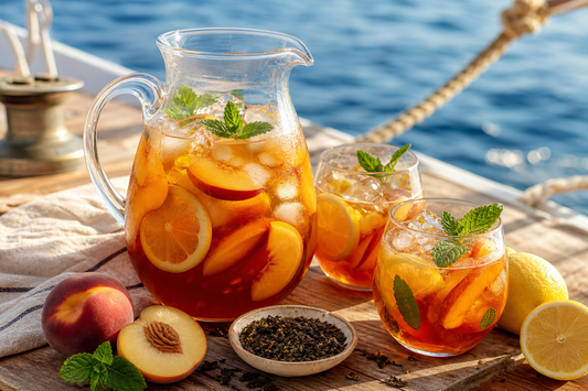 Carafe et verres de thé glacé maison à la pêche, au citron et à la menthe sur le pont d’un voilier face à la mer.