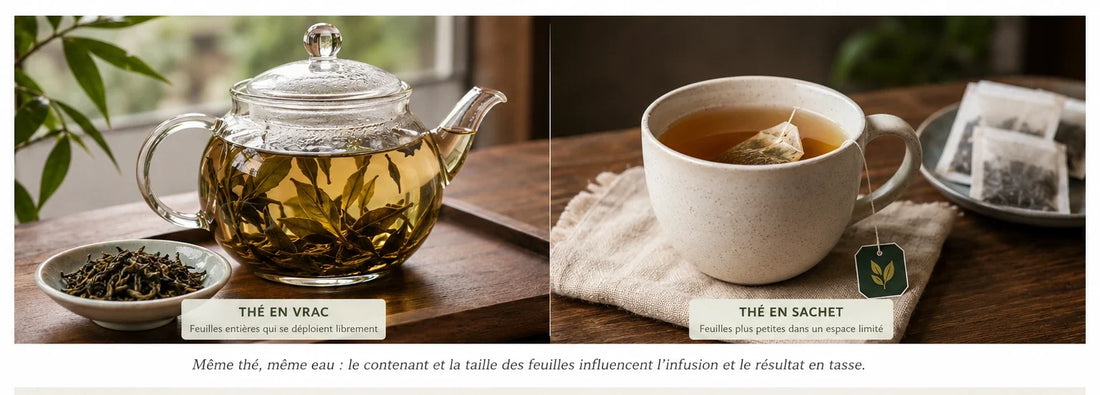 Comparaison entre du thé en vrac aux feuilles déployées dans une théière en verre et du thé préparé en sachet dans une tasse