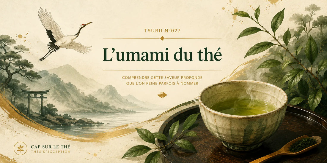 Tasse de thé vert japonais illustrant la saveur umami dans le Tsuru n°027 de Cap sur le Thé.