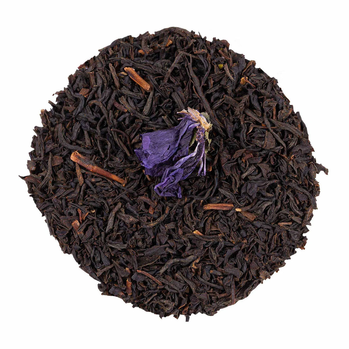 Thé noir parfumé à la violette en vrac avec pétale de violette séché – vue de dessus