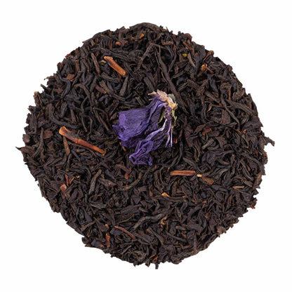 Thé noir parfumé à la violette en vrac avec pétale de violette séché – vue de dessus