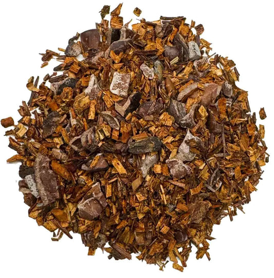 Rooibos Crique Gourmande en vrac avec éclats de chocolat et épices – vue de dessus