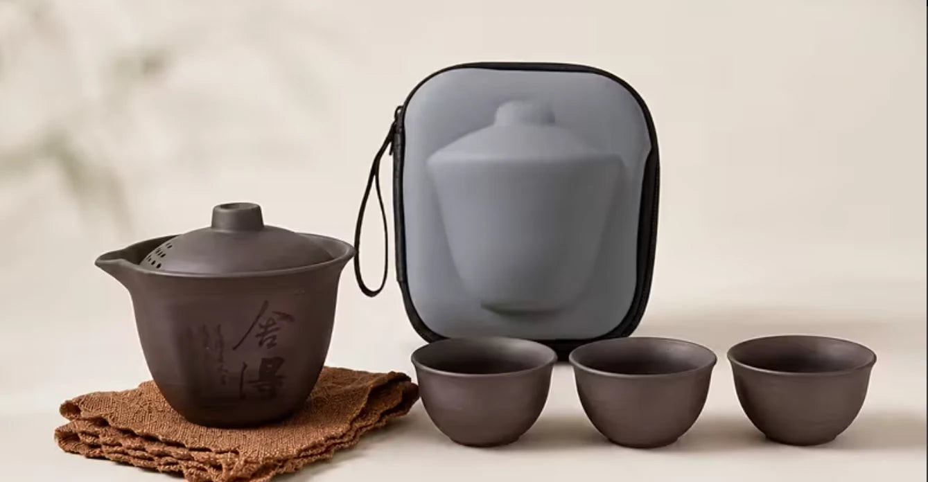 Gaiwan artisanal de voyage marron en argile – 3 personnes