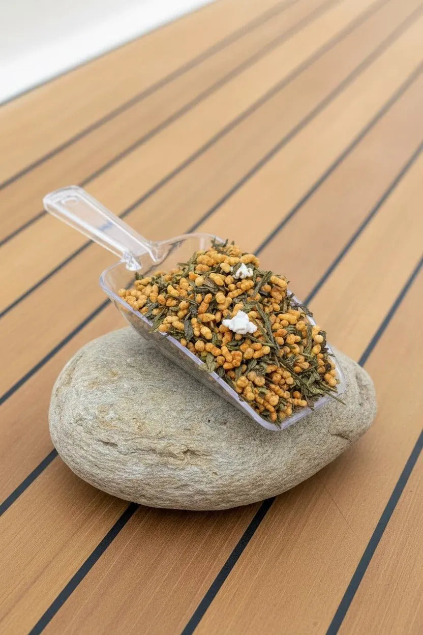 Thé vert traditionnel Japan Genmaicha au riz brun soufflé et torréfié.